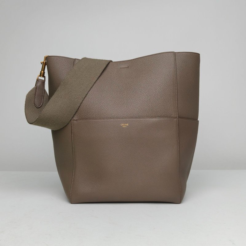 CELINE SangleBucket水桶包大號灰色牛皮金扣肩背包-0