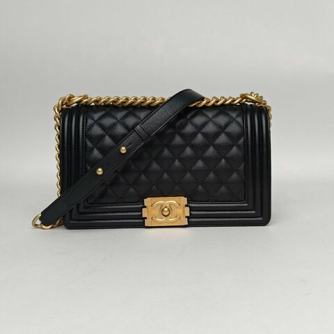 CHANEL Leboy中號25黑色荔枝牛皮晶片開金扣菱格紋肩背包