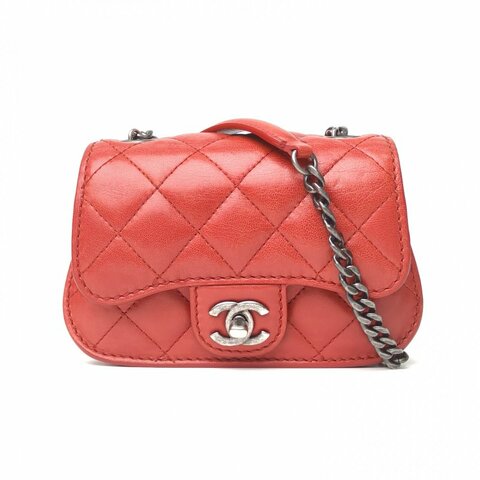 CHANEL 紅色羊皮21開銀扣CF季節款元寶mini17.5風琴包斜挎包肩背包