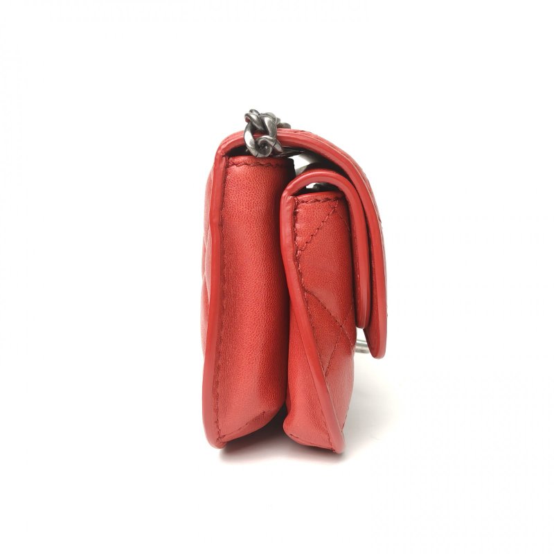 CHANEL 紅色羊皮21開銀扣CF季節款元寶mini17.5風琴包斜挎包肩背包-1