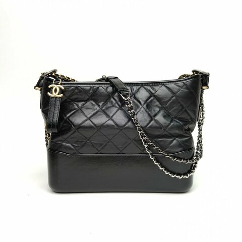 CHANEL GABRIELLE流浪中號28黑色牛皮25開金銀扣肩背包