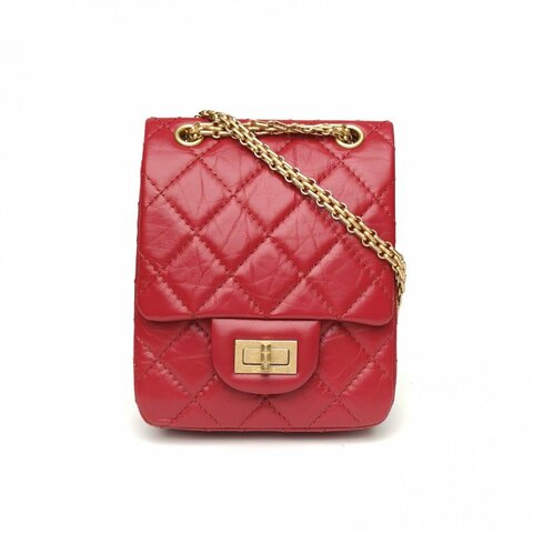 CHANEL 2.55翻蓋鏈條手機包紅色牛皮30開金扣肩背包