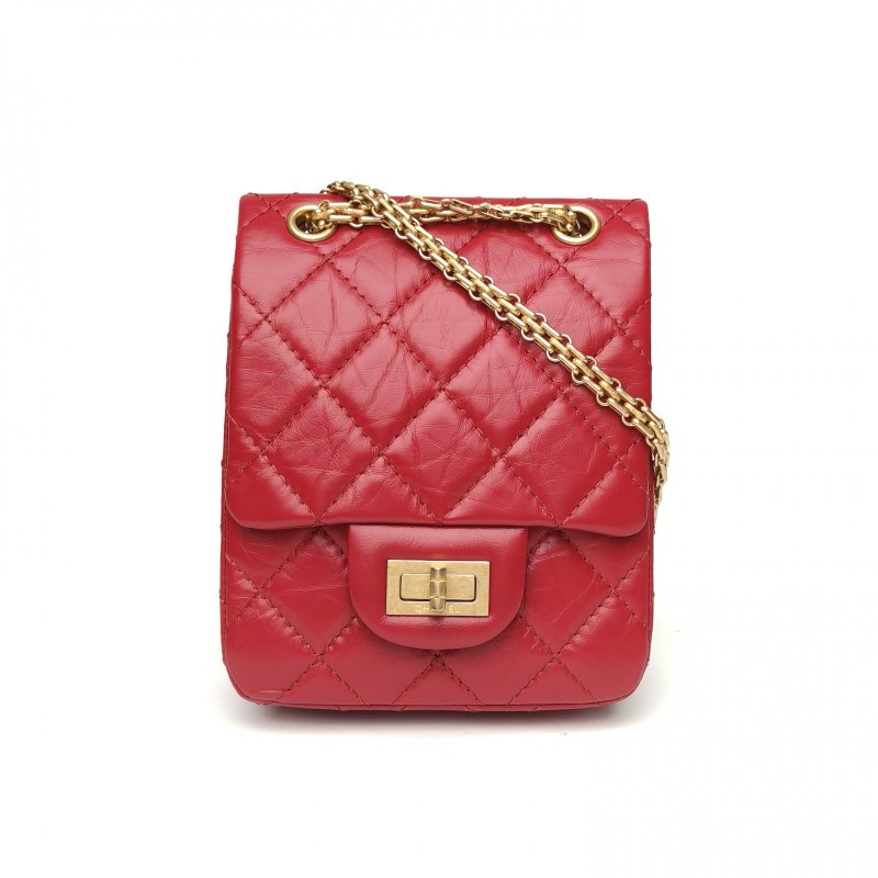 CHANEL 2.55翻蓋鏈條手機包紅色牛皮30開金扣肩背包-0