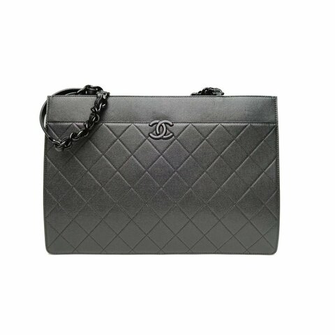 CHANEL 黑色荔枝牛皮30開黑扣手提亞克力皮穿鏈托特包soblack肩背包