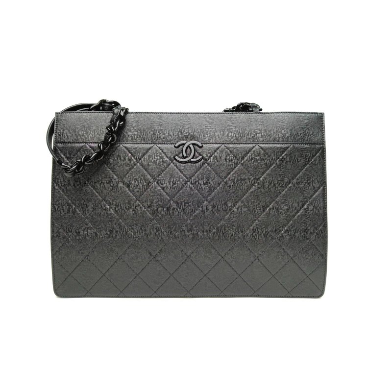 CHANEL 黑色荔枝牛皮30開黑扣手提亞克力皮穿鏈托特包soblack肩背包-0