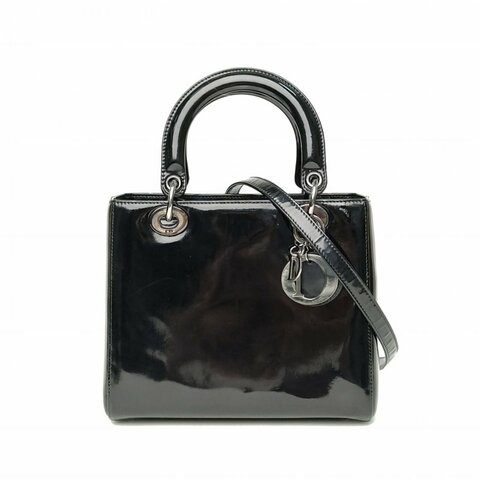 DIOR Lady戴妃包五格黑色漆皮銀扣2013肩背包