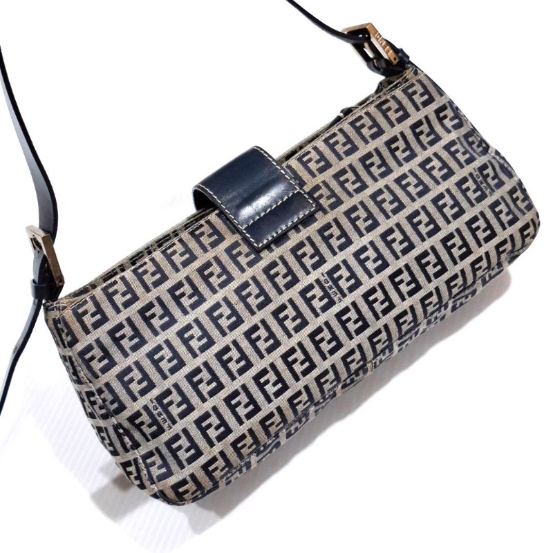 Vintage FENDI 海軍藍緹花布面料銀釦肩背包-3