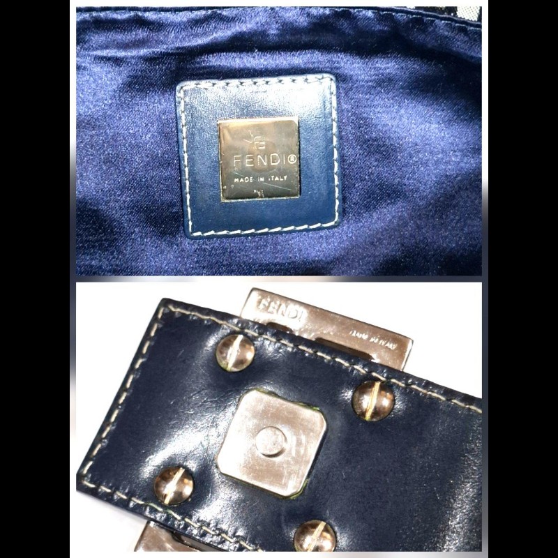 Vintage FENDI 海軍藍緹花布面料銀釦肩背包-6