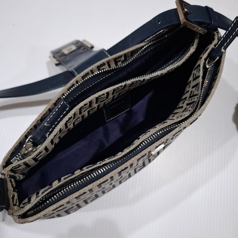 Vintage FENDI 海軍藍緹花布面料銀釦肩背包-25