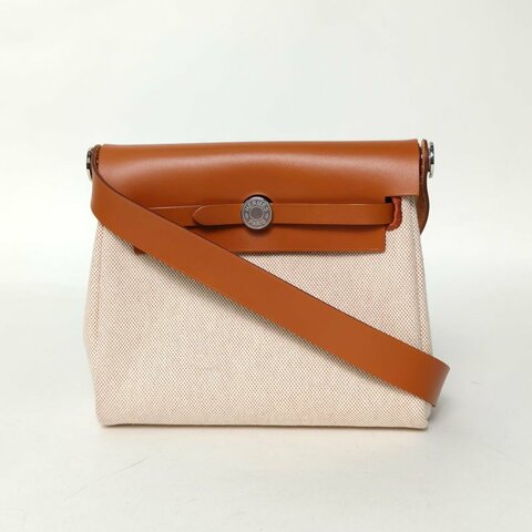 HERMES HerbagZip20帆布拼牛皮14米色拼34黃褐色帆布/Hunter牛皮K2025銀扣肩背包