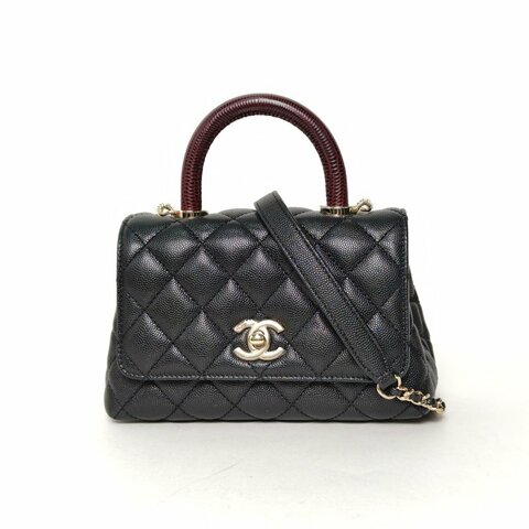 CHANEL CocoHandleMini19黑色荔枝牛皮晶片開淺金扣蜥蜴壓紋手柄肩背包