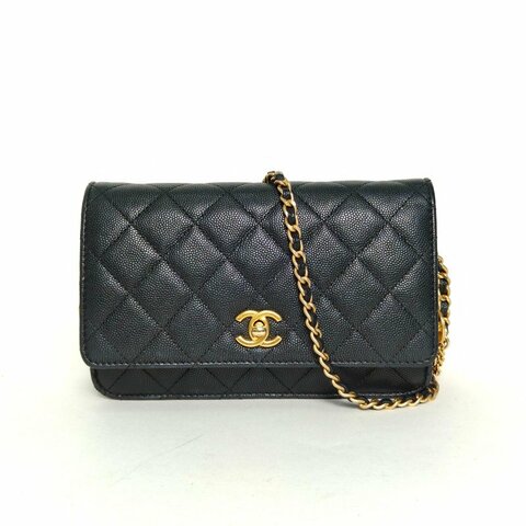 CHANEL 23CCFWOC19黑色荔枝牛皮晶片開金扣金幣單皮穿鏈肩背包