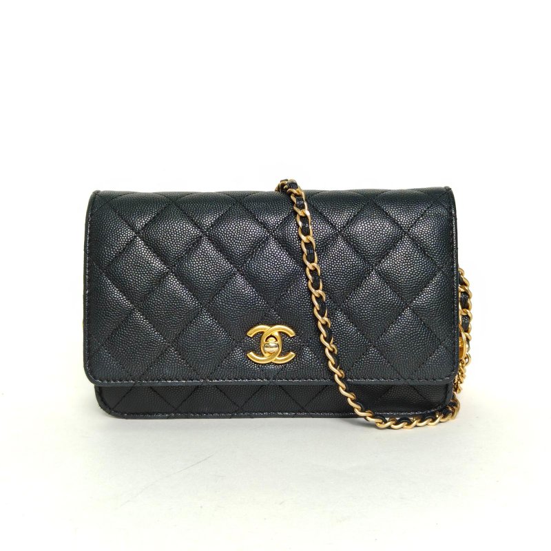 CHANEL 23CCFWOC19黑色荔枝牛皮晶片開金扣金幣單皮穿鏈肩背包-0