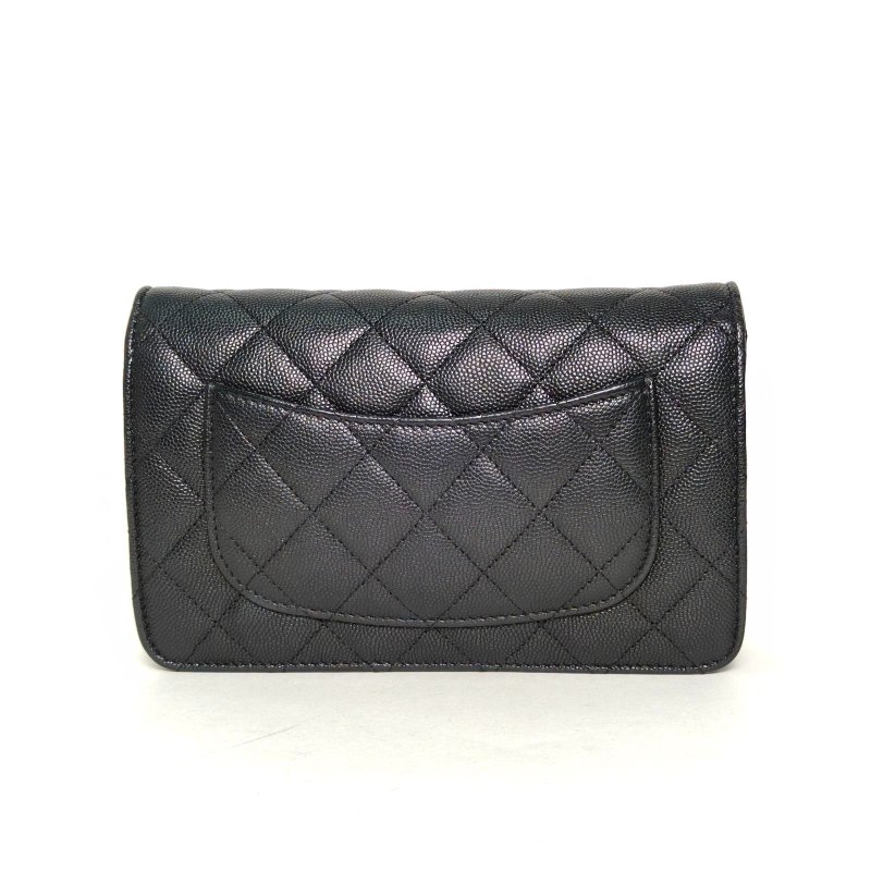 CHANEL 23CCFWOC19黑色荔枝牛皮晶片開金扣金幣單皮穿鏈肩背包-2