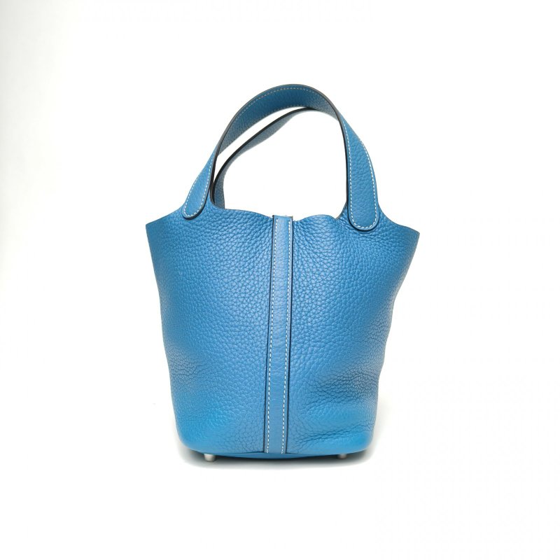 HERMES Picotin18菜籃子75牛仔藍TC皮T刻銀扣肩背包-2