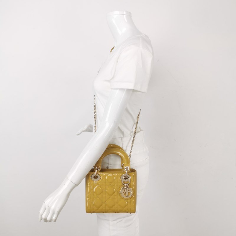 Dior Lady Dior 戴妃包迷你漆皮純色藤格紋字母Logo吊飾斜挎包單肩包-1