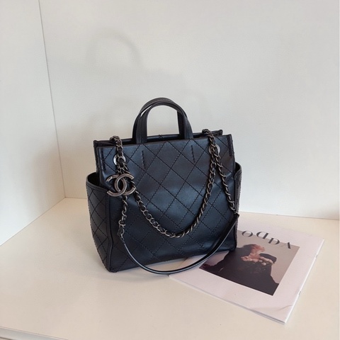 【98新🆕】Chanel 黑銀牛皮菱格3way托特包 帥氣雙C大掛墜 小號噢 手提單肩包