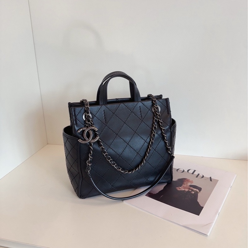 【98新🆕】Chanel 黑銀牛皮菱格3way托特包 帥氣雙C大掛墜 小號噢 手提單肩包-0