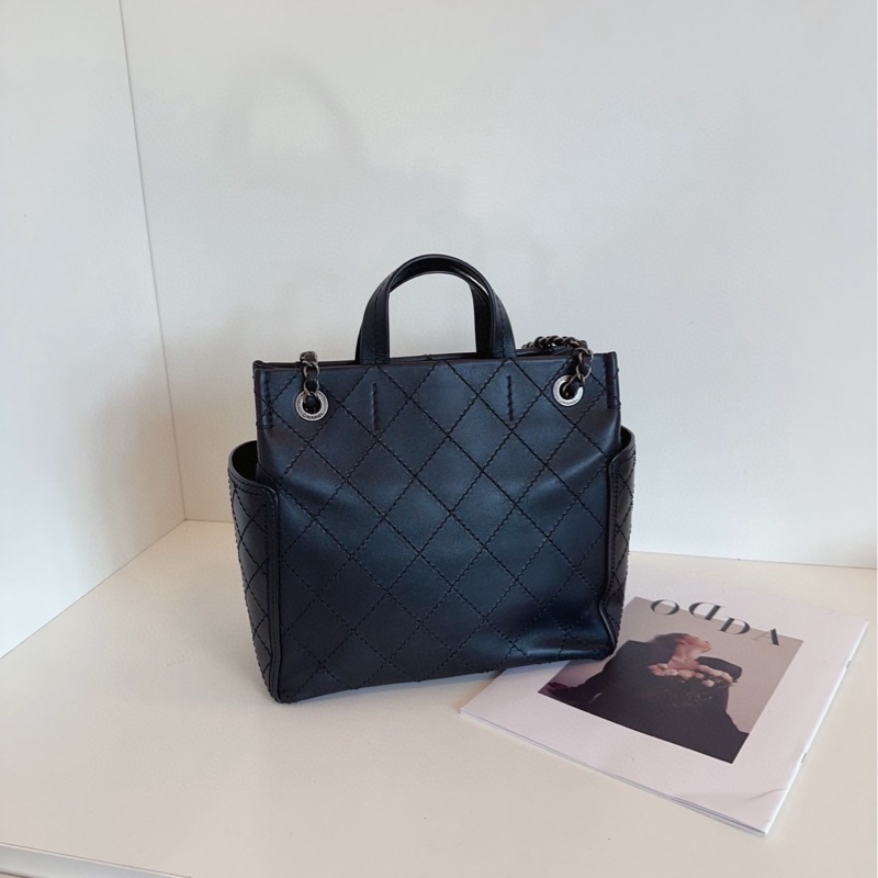 【98新🆕】Chanel 黑銀牛皮菱格3way托特包 帥氣雙C大掛墜 小號噢 手提單肩包-1