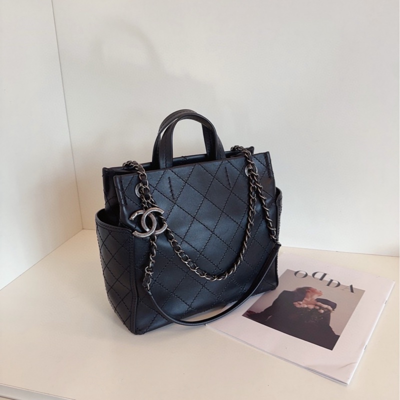 【98新🆕】Chanel 黑銀牛皮菱格3way托特包 帥氣雙C大掛墜 小號噢 手提單肩包-2