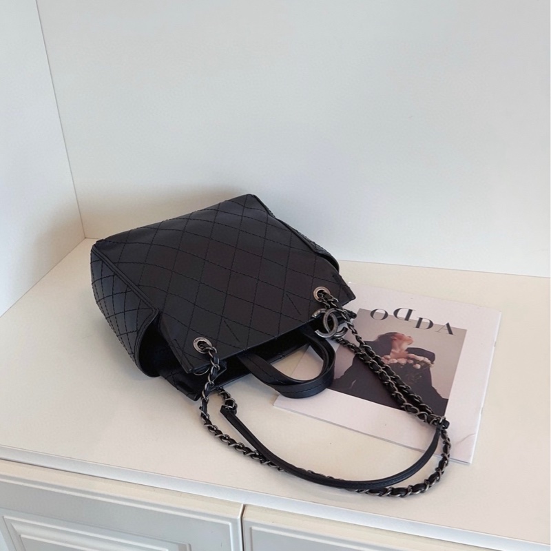 【98新🆕】Chanel 黑銀牛皮菱格3way托特包 帥氣雙C大掛墜 小號噢 手提單肩包-3