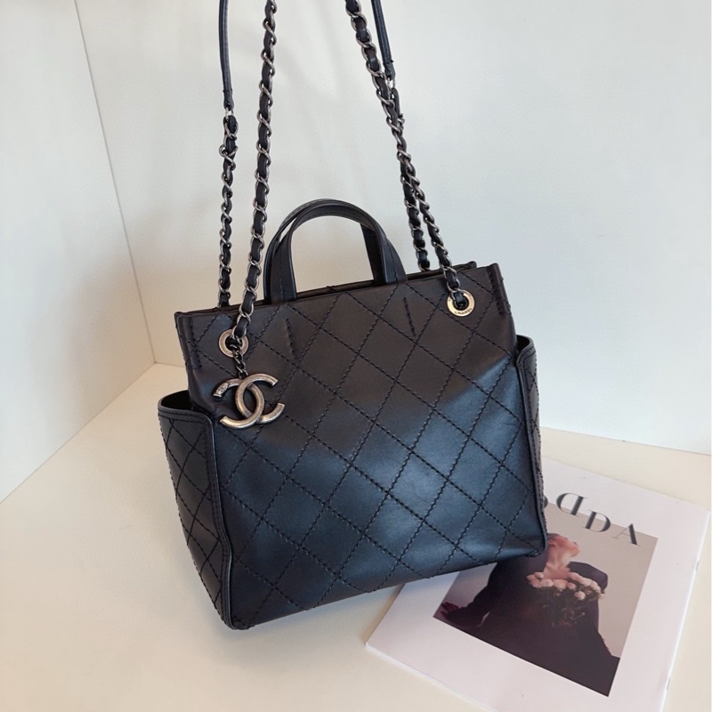 【98新🆕】Chanel 黑銀牛皮菱格3way托特包 帥氣雙C大掛墜 小號噢 手提單肩包-6