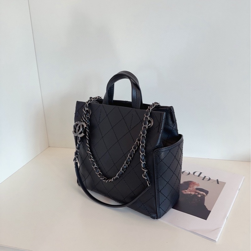 【98新🆕】Chanel 黑銀牛皮菱格3way托特包 帥氣雙C大掛墜 小號噢 手提單肩包-7