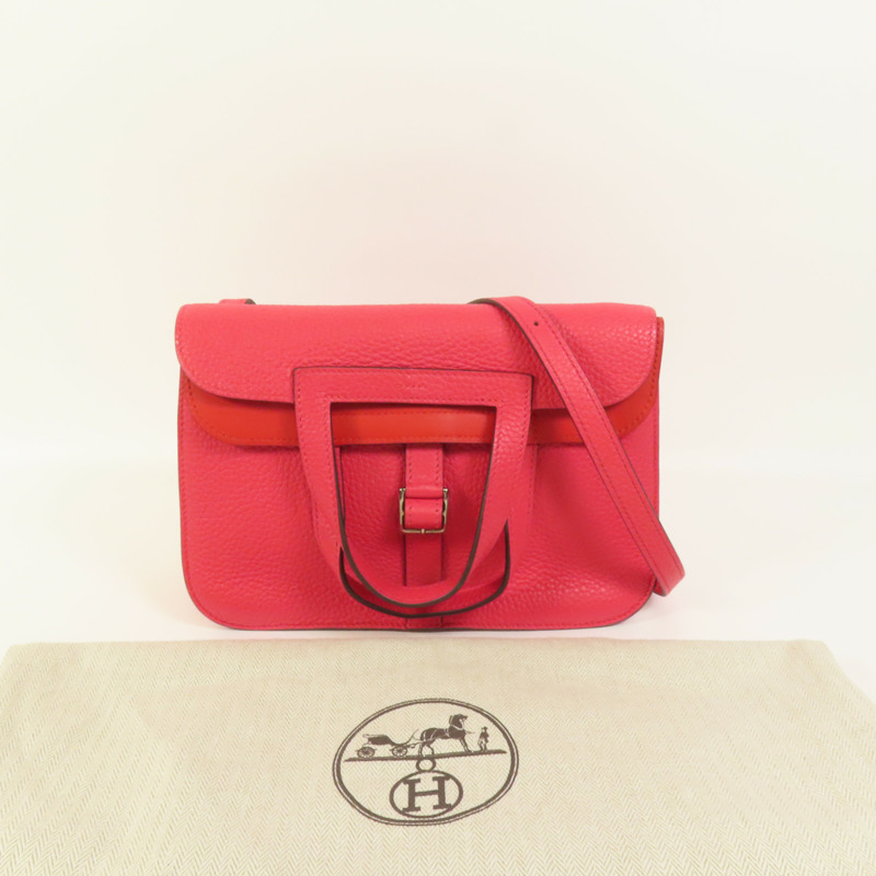 HERMES Clemence皮革Halzan 25銀扣手挽肩背兩用袋Rose Extreme-9