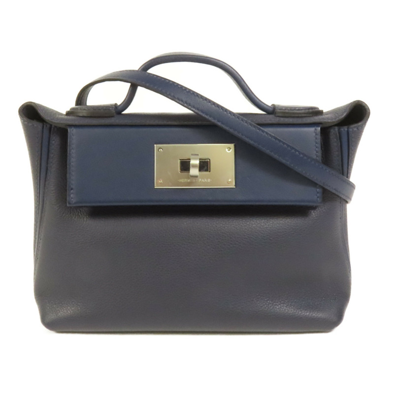 HERMES Clemence皮革24/24 Mini手挽肩背兩用袋Bleu Nuit-0
