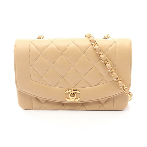 香奈兒 (CHANEL) 絎縫 Diana 翻蓋鏈條肩背斜背包 米色皮革 金色五金 二手