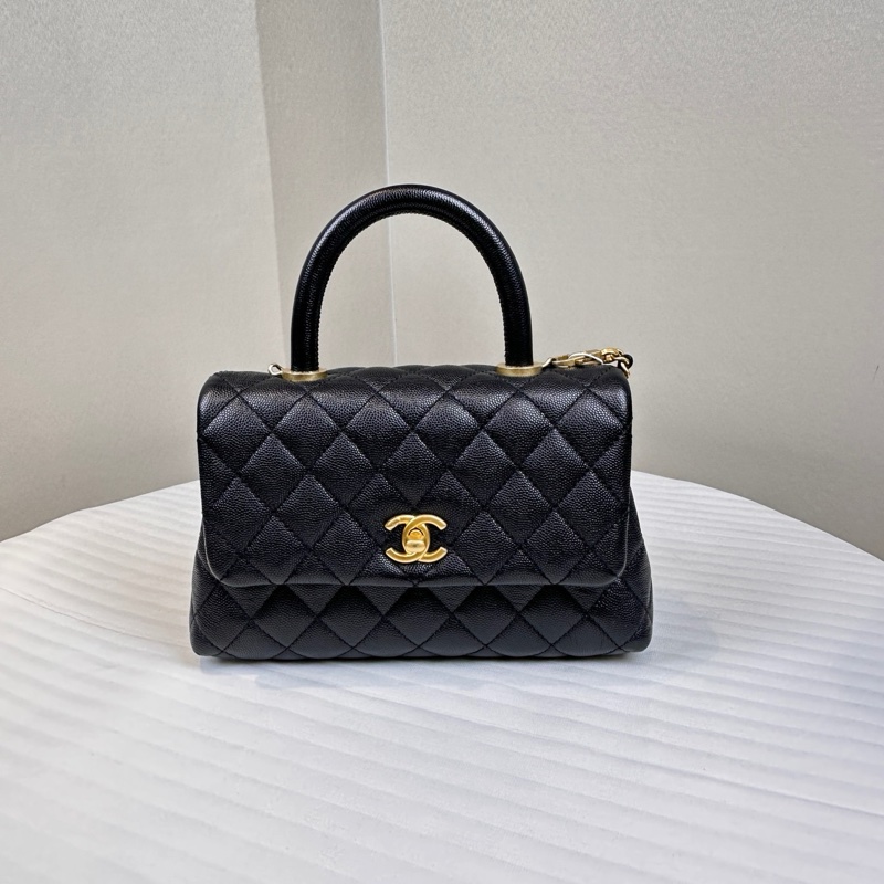 香奈兒/Chanel Small Coco Handle 小號黑金荔枝皮牛皮手提單肩斜挎包24x7.5x15cm-0