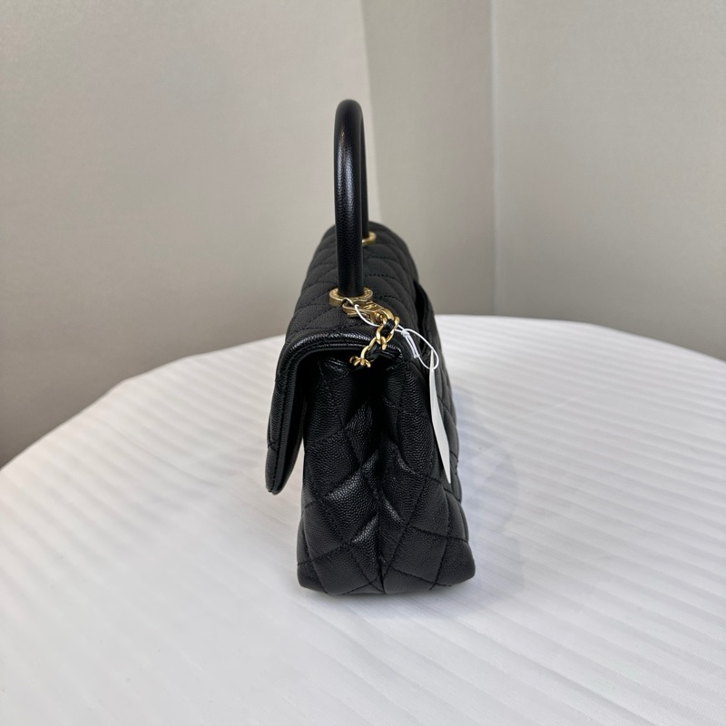 香奈兒/Chanel Small Coco Handle 小號黑金荔枝皮牛皮手提單肩斜挎包24x7.5x15cm-3