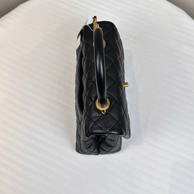 香奈兒/Chanel Small Coco Handle 小號黑金荔枝皮牛皮手提單肩斜挎包24x7.5x15cm-4