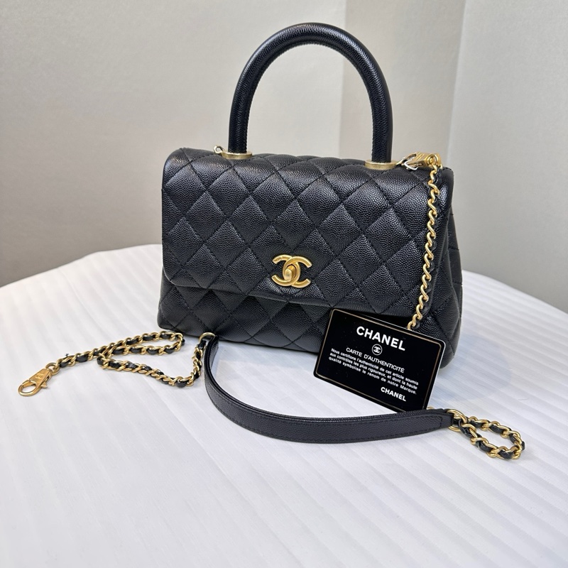 香奈兒/Chanel Small Coco Handle 小號黑金荔枝皮牛皮手提單肩斜挎包24x7.5x15cm-10