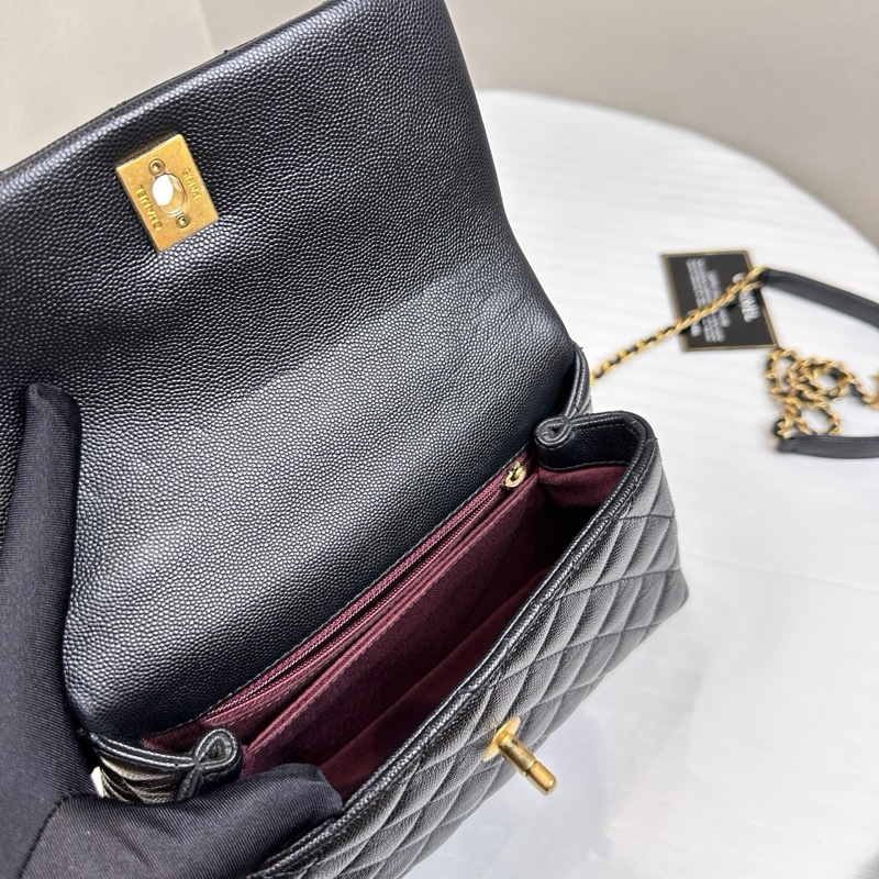 香奈兒/Chanel Small Coco Handle 小號黑金荔枝皮牛皮手提單肩斜挎包24x7.5x15cm-13