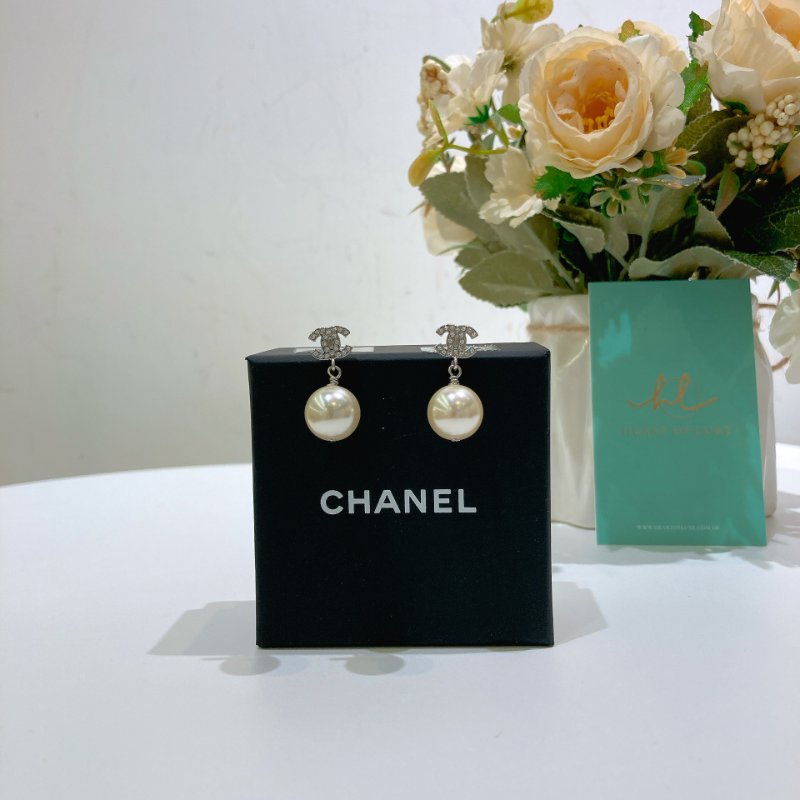 TW4594	Chanel 香奈兒 閃鑽 珍珠 優雅 氣質 銀飾 Mini CC With Pearl Earrings Crystal/Pearl x PHW-0