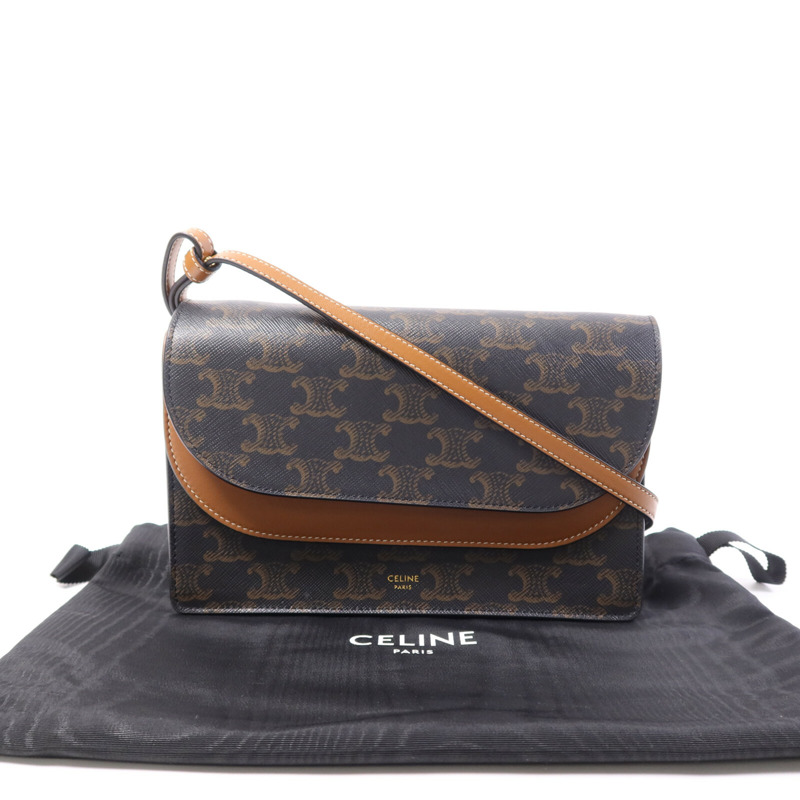 CELINE 塗層帆布/牛皮皮革Triomphe Wallet On Strap金扣肩背袋-9