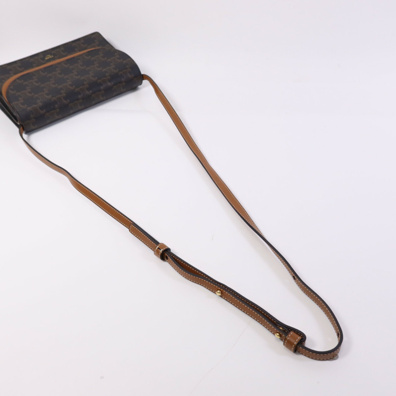 CELINE 塗層帆布/牛皮皮革Triomphe Wallet On Strap金扣肩背袋-10