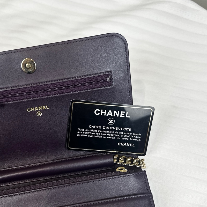 98新 香奈兒/Chanel Boy Chanel深紫色金扣鏈條錢包  顆粒壓花亮面小牛皮19x3.5x12cm-6