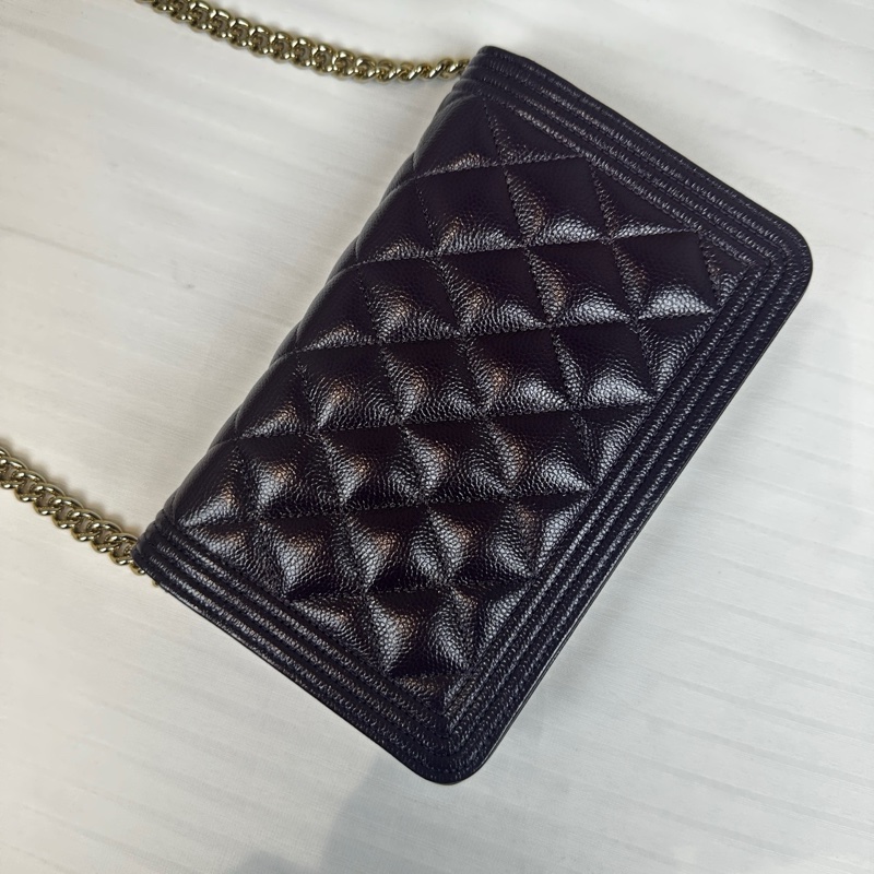 98新 香奈兒/Chanel Boy Chanel深紫色金扣鏈條錢包  顆粒壓花亮面小牛皮19x3.5x12cm-9