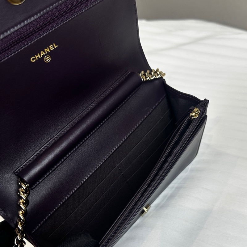 98新 香奈兒/Chanel Boy Chanel深紫色金扣鏈條錢包  顆粒壓花亮面小牛皮19x3.5x12cm-11