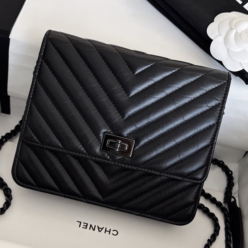 【近新閒置品】Chanel 香奈兒 so black 2.55woc 25開 極品全黑黑武士牛皮單肩側背斜挎包-1