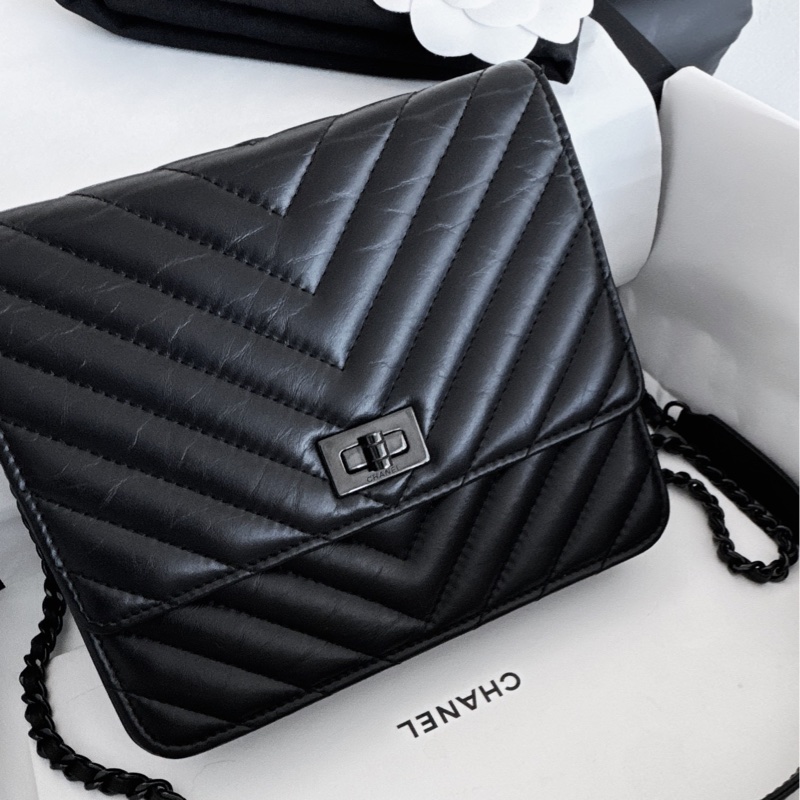 【近新閒置品】Chanel 香奈兒 so black 2.55woc 25開 極品全黑黑武士牛皮單肩側背斜挎包-3