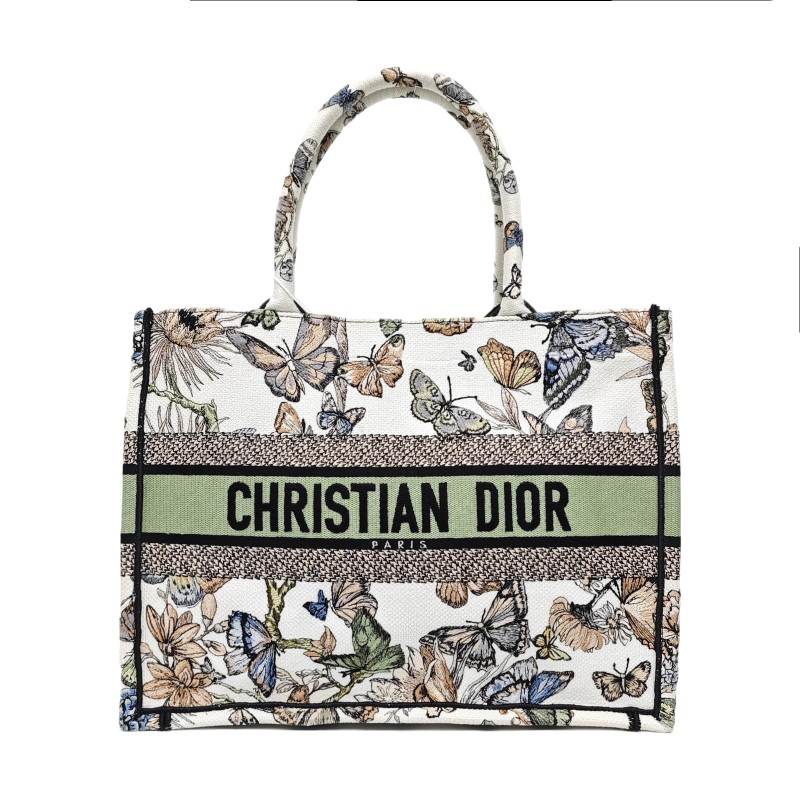 DIOR Book Tote 中號 白色蝴蝶帆布刺繡托特手提包-0