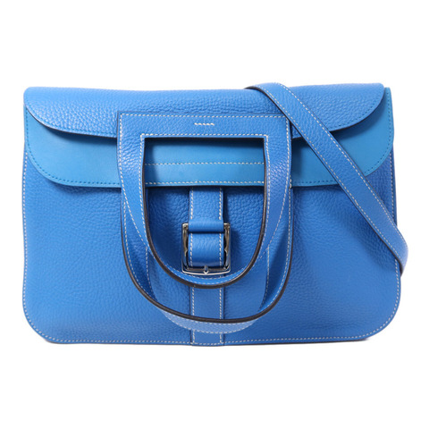 HERMES Clemence皮革Halzan 31銀扣手挽肩背兩用袋Bleu Zanzibar