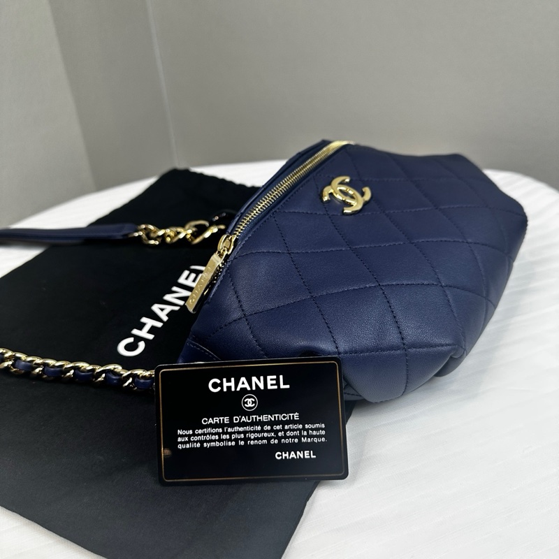 99新 香奈兒/Chanel 藍色牛皮菱格金扣腰包胸包25x5.5x15cm-1