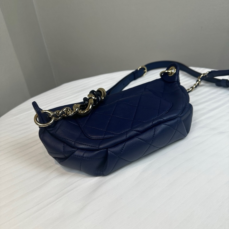 99新 香奈兒/Chanel 藍色牛皮菱格金扣腰包胸包25x5.5x15cm-3