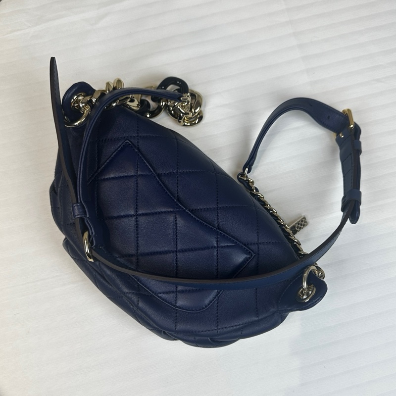 99新 香奈兒/Chanel 藍色牛皮菱格金扣腰包胸包25x5.5x15cm-4