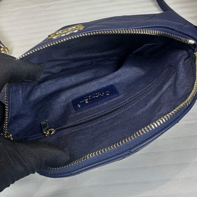 99新 香奈兒/Chanel 藍色牛皮菱格金扣腰包胸包25x5.5x15cm-12