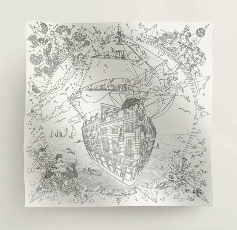 Hermes 愛馬仕 福堡郵輪絲巾/90cm/白色款/全新現貨-0